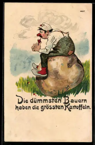 Künstler-AK Bruno Bürger & Ottillie Nr. 6887: Mann sitzt Pfeife rauchend auf einer riesigen Kartoffel