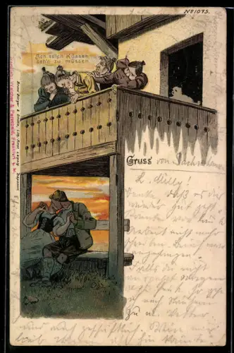 Künstler-AK Bruno Bürger & Ottillie Nr. 1075: Ach, solch Küssen sehn zu müssen, ein Liebespaar wird beobachtet