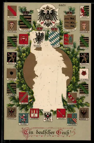 Künstler-AK Bruno Bürger & Ottillie Nr. 8831: Germania mit Wappen und Eichenlaub