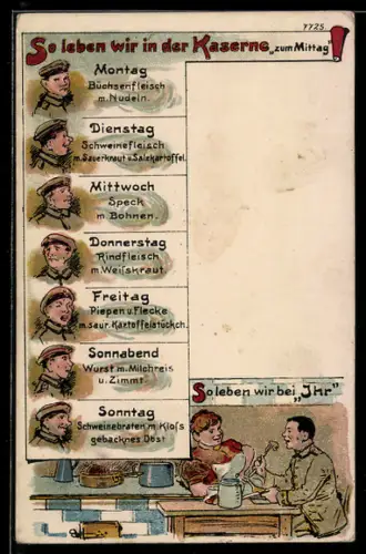 Künstler-AK Bruno Bürger & Ottillie Nr. 7725: Soldaten mit Mittagessen an den Wochentagen