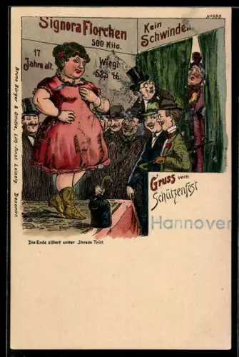 Künstler-AK Bruno Bürger & Ottillie Nr. 998: Männer bei einer Ausstellung zum Schützenfest, Signora Florchen 500 Kilo