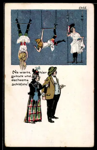 Künstler-AK Bruno Bürger & Ottillie Nr. 6466: Zirkusdamen am Trapez und altes Ehepaar