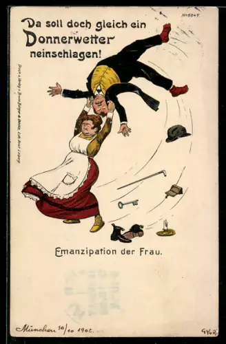 Künstler-AK Bruno Bürger & Ottillie Nr. 5847: Frau schleudert ihren Mann durch die Luft, Emanzipation der Frau