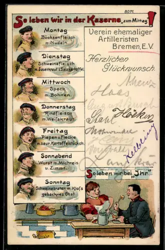 Künstler-AK Bruno Bürger & Ottillie Nr. 8071: Artilleristen mit dem Mittagessen in der Kaserne