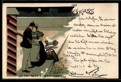Künstler-AK Bruno Bürger & Ottillie Nr. 1099: Soldat küsst seine Geliebte, Hund klaut Würstchenkette aus dem Korb