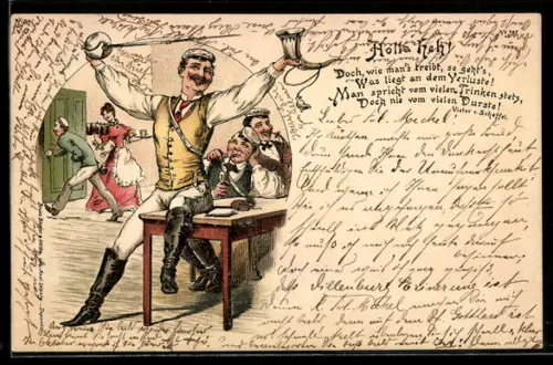 Künstler-AK Bruno Bürger & Ottillie Nr. 392: Student mit Trinkhorn auf einem Tisch sitzend