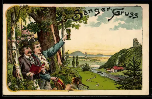 Künstler-AK Bruno Bürger & Ottillie Nr. 586: Sängergruppe auf dem Weg durch einen Wald