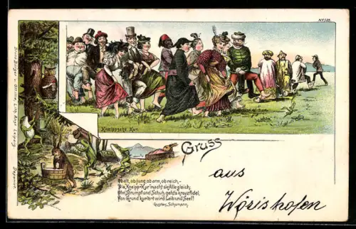 Lithographie Kneippsche Kur, barfuss tanzende Menschen, Gedicht, Frösche, Uhu