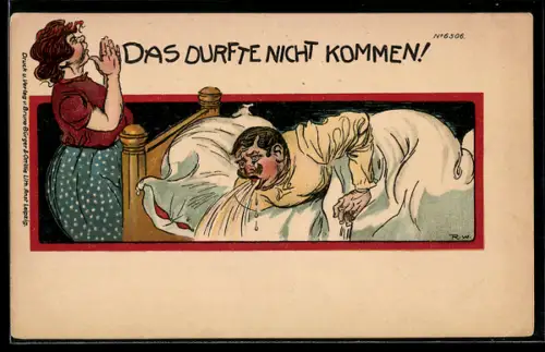 Künstler-AK Bruno Bürger & Ottillie Nr. 6506: Mann übergibt sich im Bett