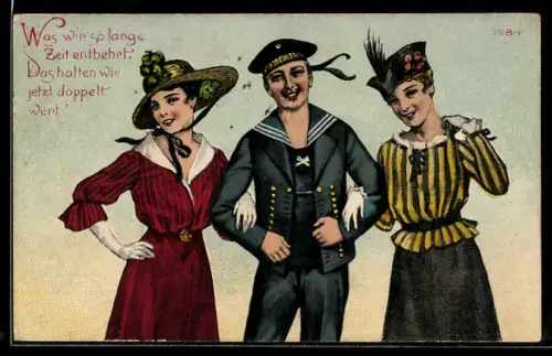 Künstler-AK Bruno Bürger & Ottillie Nr. 8984: Matrose mit zwei eleganten Damen