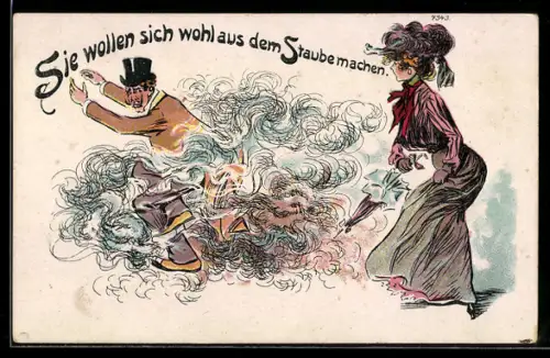 Künstler-AK Bruno Bürger & Ottillie Nr. 7343: Mann rennt in einer Wolke aus Staub, Sie wollen sich wohl...