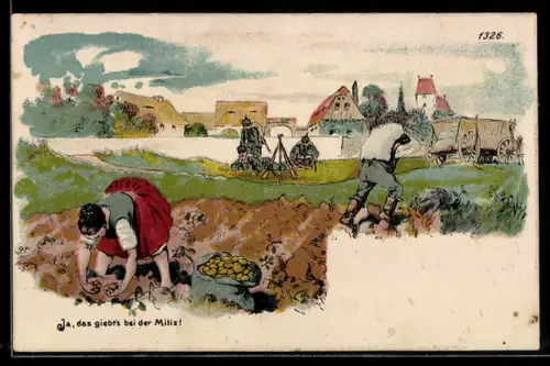 Künstler-AK Bruno Bürger & Ottillie Nr. 1326: Soldaten beobachten eine Frau bei der Kartoffelnernte