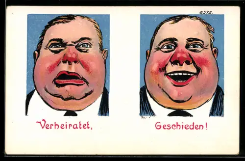 Künstler-AK Bruno Bürger & Ottillie Nr. 6572: Unglücklicher Mann und lächelnder Mann, Verheiratet, Geschieden