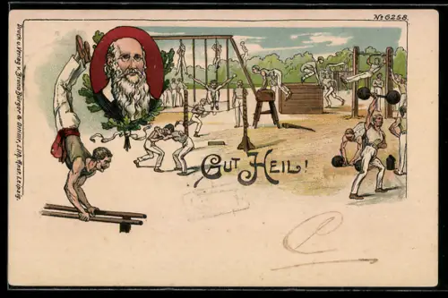 Künstler-AK Bruno Bürger & Ottillie Nr. 6258: Turner beim Sport, Porträt Turnvater Jahn