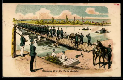 Künstler-AK Bruno Bürger & Ottillie Nr. 7288: Soldaten beim Übergang der Pontonbrücke