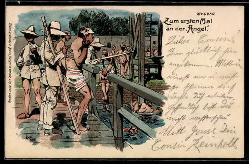 Künstler-AK Bruno Bürger & Ottillie Nr. 6250: Männer im Schwimmbad, Zum ersten an der Angel