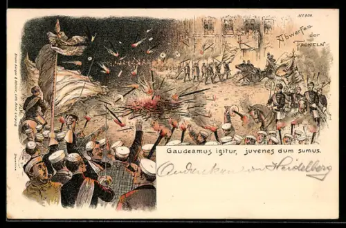 Lithographie Gaudeamus igitur, juvenes dum sumus, Abwerfen der Fackeln