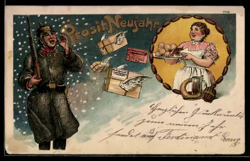 Künstler-AK Prosit Neujahr, Soldat im Schnee mit Pakten zu Neujahr