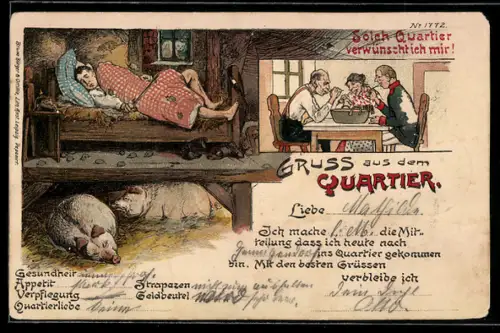 Künstler-AK Bruno Bürger & Ottillie Nr. 1772: Soldat im Schweinestall als Feldquartier