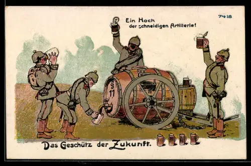 Künstler-AK Bruno Bürger & Ottillie Nr. 7418: Soldaten der Artillerie mit Bierfass