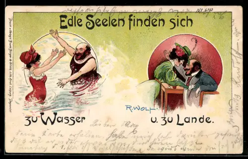 Künstler-AK Bruno Bürger & Ottillie Nr. 6113: Paar vergnügt sich im Wasser und zusammen an einem Tisch
