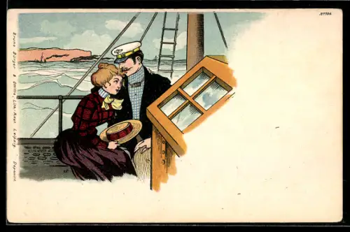 Lithographie Seemann mit seiner Geliebten auf einem Schiff