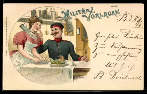 Künstler-AK Bruno Bürger & Ottillie Nr. 1033: Dame serviert einem Soldaten das Essen