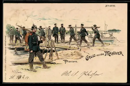 Künstler-AK O. Gerlach: Brückenbau durch Pioniere