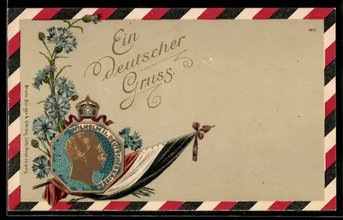 Künstler-AK Bruno Bürger & Ottillie Nr. 7017: Kaiser Wilhelm II mit Kornblumen und Reichsflagge