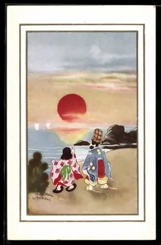 Künstler-AK Paar bei Sonnenuntergang, Japanische Kunst