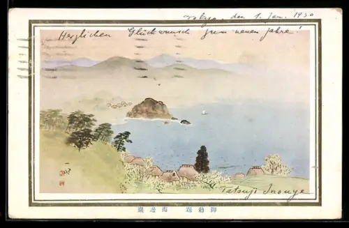 Künstler-AK Häuser in Uferlandschaft mit Bergen, Japanische Kunst