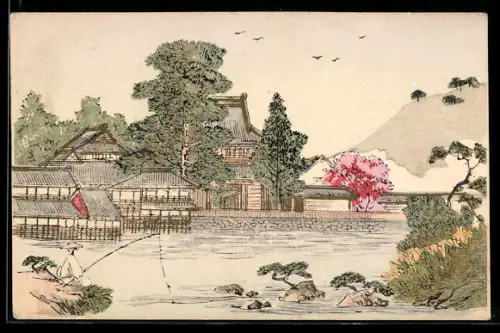 Künstler-AK Häuser in Uferlandschaft mit Angler, Japanische Kunst
