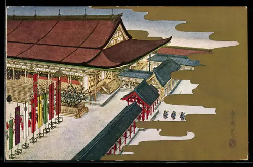 Künstler-AK Tempel mit japanischen Kriegern, Japanische Kunst