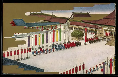 Künstler-AK Tempel mit japanischen Kriegern, Japanische Kunst