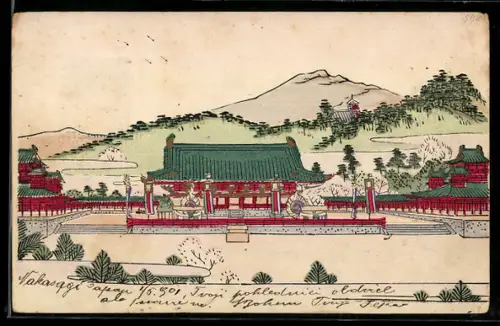 Künstler-AK Landschaft mit Tempel, Japanische Kunst