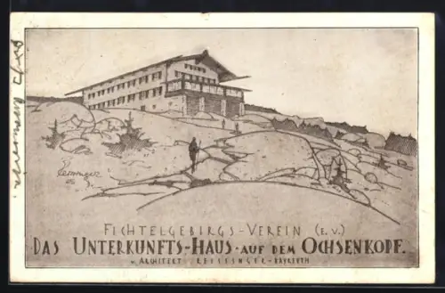 AK Unterkunftshaus Ochsenkopf, gezeichnete Gesamtansicht