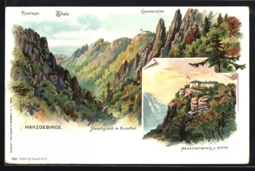Lithographie Thale, Hexentanzplatz und Hotel