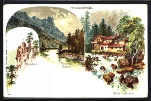 Lithographie Goslar, Mühle im Okertal, Marienfelsen, Rabenklippe