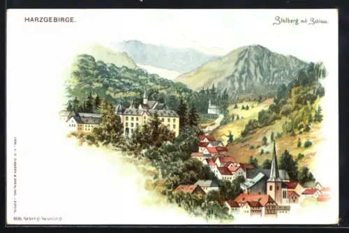 Lithographie Stolberg, Ortsansicht mit Blick auf das Schloss