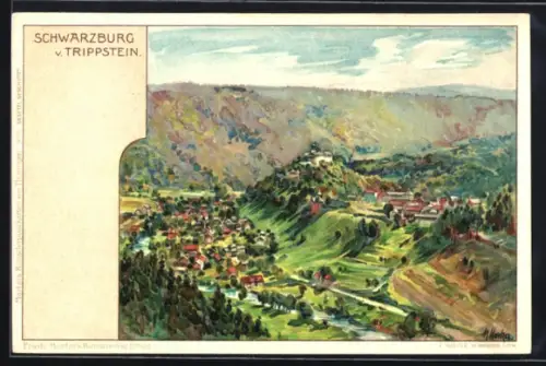 Lithographie Schwarzburg, Ortsansicht vom Trippstein gesehen
