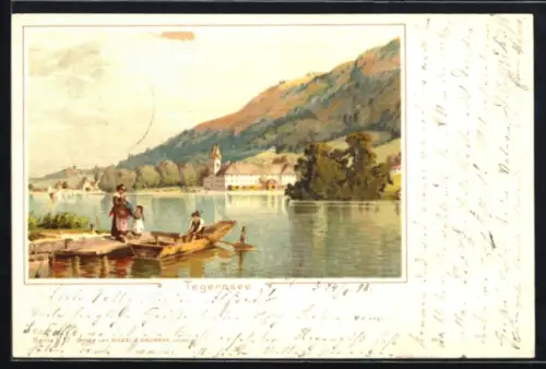Künstler-AK Tegernsee, Seeansicht mit Boot und Schloss