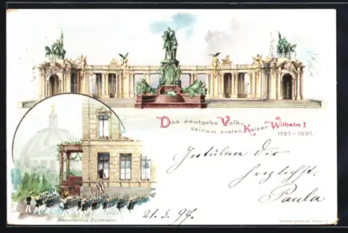 Lithographie Berlin, Kaiser-Wilhelm-Nationaldenkmal, Militärparade, 1897