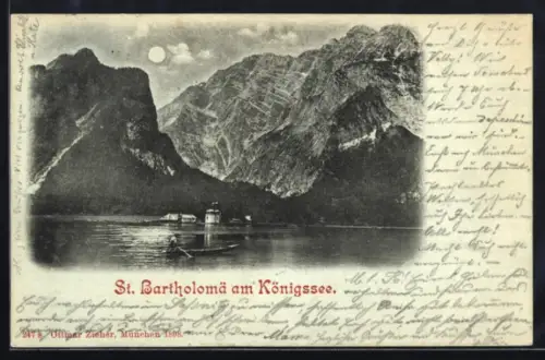 Mondschein-AK St. Bartholomä am Königssee, Panorama mit Boot