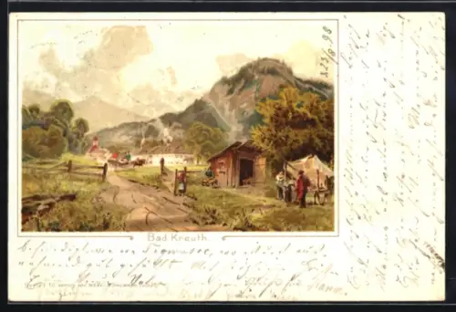 Lithographie Bad Kreuth, Ortspartie am Berg