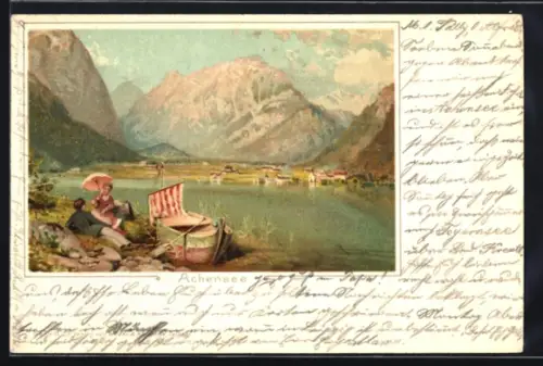 Lithographie Achensee, Uferpartie mit Paar und Ruderboot