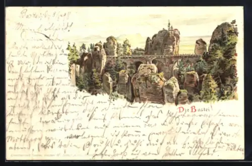 Lithographie Bastei, Panorama mit Basteibrücke