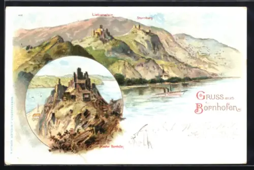 Lithographie Bornhofen, Kloster Bornhofen, Teilansicht mit Liebenstein u. Sternberg