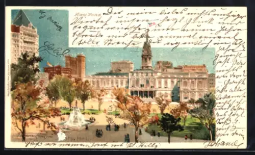 Künstler-Lithographie New York, NY, Park in front of City Hall