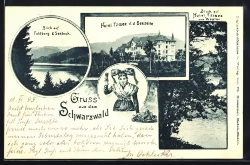 AK Titisee / Schwarzwald, Hotel Titisee v.d. Seeseite und Blick auf den Feldberg, Dame in Tracht