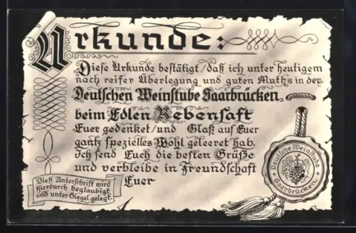 Künstler-AK Saarbrücken, Gasthaus Deutsche Weinstube, Strasse 14, Urkunde mit Siegel